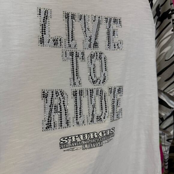 Miami Style, 2019 Glitzy Sturgis White Graphic Tee Camo Sleeves. Size Medium. - Picture 2 of 7